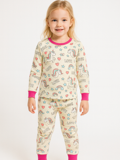 Qizlar uchun uzun yengli paxtali pijama — yagona, mushukcha, kapalak va yulduzli dizaynlar